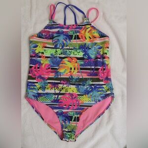One Piece Girls Large Swimsuit with Tropical Flair